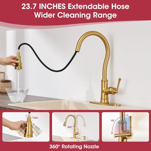 Kitchen Faucets with Pull Down Sprayer, Gold Kitchen Sink Faucet Brass High Arc Single Handle with Deck Plate 1 or 3 Hole Vintage Sink Faucet 3 Sprayer Modes for Farmhouse Camper Laundry