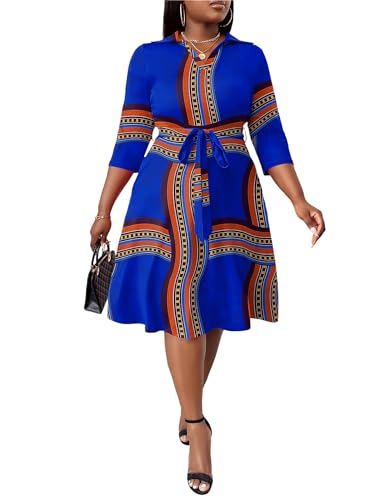 Image of FANDEE Plus Size Midi Dress for Women - Printing Summer Dresses for Wedding Guest Cocktail Party 3 /4 Sleeve V Neck（L-5XL）