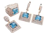 Turkish Handmade Jewelry Hurrem Square Shape Ocean Blue and Round Cut Topaz 925 Sterling Silver Jewelry Set Earrings,Pendant and Ring Size Option