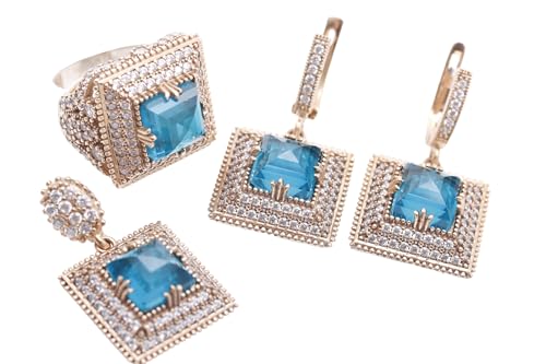 Turkish Handmade Jewelry Hurrem Square Shape Ocean Blue and Round Cut Topaz 925 Sterling Silver Jewelry Set Earrings,Pendant and Ring Size Option