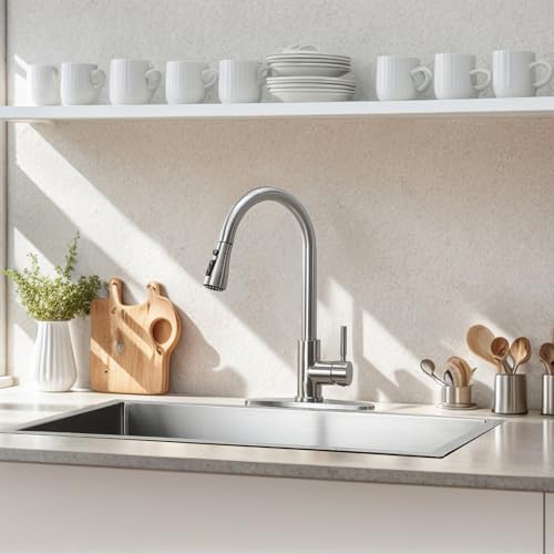 KINGO Kitchen Faucet, Brushed Nickel Kitchen Faucets with Pull Down Sprayer, High Arc Single Handle Stainless Steel Sink Faucets 1 or 3 Hole, Kitchen Sink Faucets for Farmhouse Camper Laundry Rv Bar - Image 6
