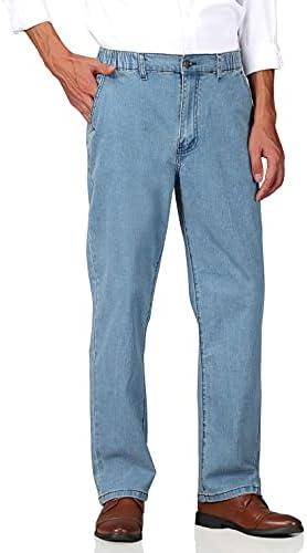 Soojun Mens Elastic Waist Jeans Relaxed Fit with Zipper and Button, Light Blue, 34W x 30L