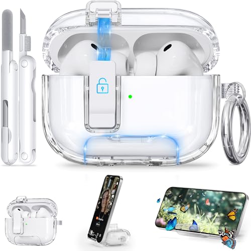 Clear Case for AirPods Pro 3 Case Ekoonpft Anti-Yellowing Case with Safety Lock Phone Stand & Auto-Open Lid for AirPods Pro 3rd Gen 2025 Cover for Women Men Girly with Cleaning Kit & Keychain