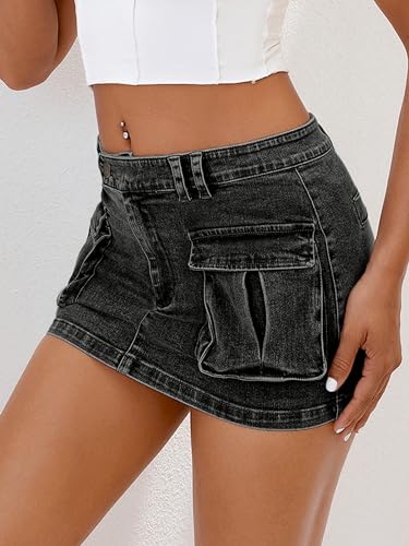 ELLEVEN Cargo Mini Skirt for Women Low Waist Y2K Bodycon Low Rise Denim Women's Skirts High Stretchy Button Cute Skort Mini Jean Skorts with Pockets Black Denim Medium