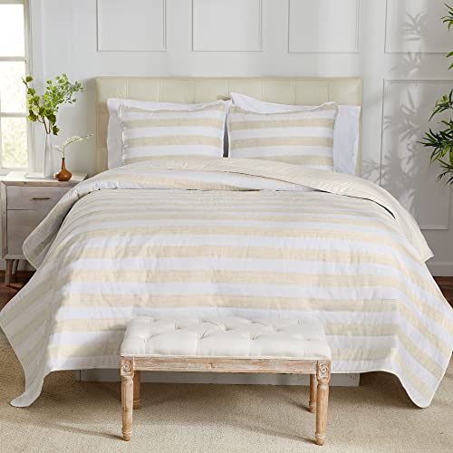 3 Piece Full/Queen Quilt Set With Sham | Soft & Breathable For Spring & Summer | All-Season Multi Layer Coverlet | Lightweight Bedspread | Boho Stripes | Bettina Collection (Full/Queen, Parchment) #TOP25
