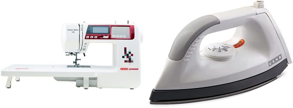 Usha Janome Dream Maker 120 35-Watt Computerized Sewing Machine (White) & Usha Ei 1602 1000-Watt Lightweight Dry Iron (Multi-Colour)