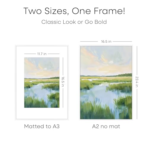 Image of Homeforia A2 White Picture Frame, High-End Metal, A3 Mat, Glass | High End Aluminum, Tempered Glass, Acid-Free A3 Removable Mat, A2 Edge-to-Edge Display, Wall Kit, Set Of 2