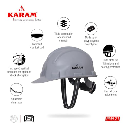 Image of KARAM PN521 Safety Helmet for Men Construction Helmet | Ratchet Type Adjustment with Adjustable Chin Strap | Work Helmet with Side Slot for Attachment | is:2925:1984 Certified | Grey | Pack of 2