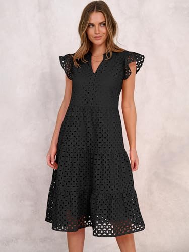 ANRABESS Womens 2025 Summer Midi Dress Hollow Out Eyelet Ruffle Sleeve V Neck Casual Flowy Tiered Beach Vacation Sundress3