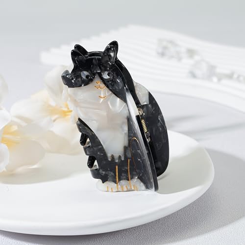 Pinza para cabello en forma de gato negra y blanca 8.99 cm miniatura 2
