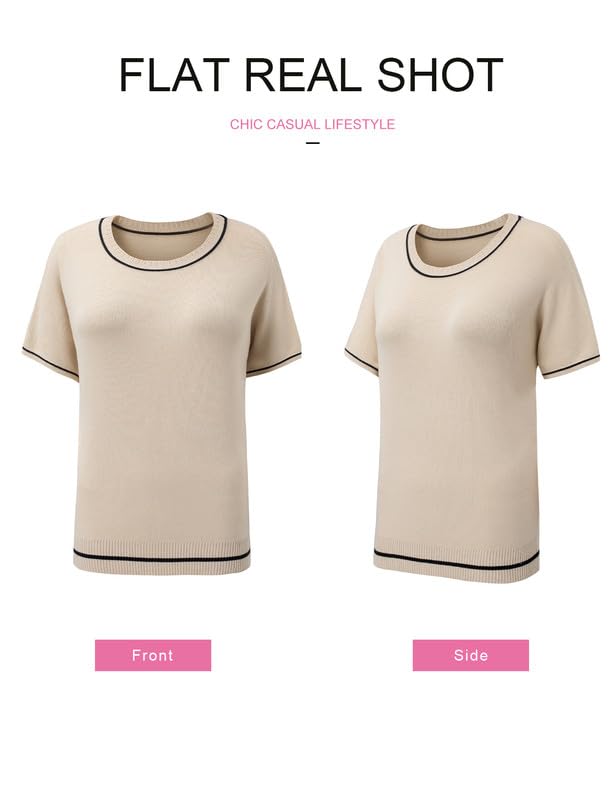 Image of SHEWIN Womens Tops Trendy Short Sleeve Shirts Crewneck Lightweight Knit Sweater Top Business Casual Outfits