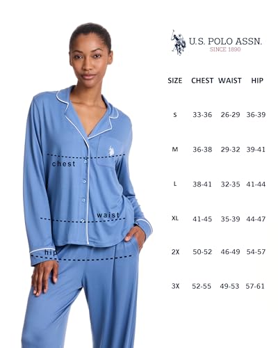 Image of U.S. POLO ASSN. Womens Lightweight Notch Collar Pajama Set | Classic Button Down Pajamas for Women with Long Sleeve Top and Pajama Pants