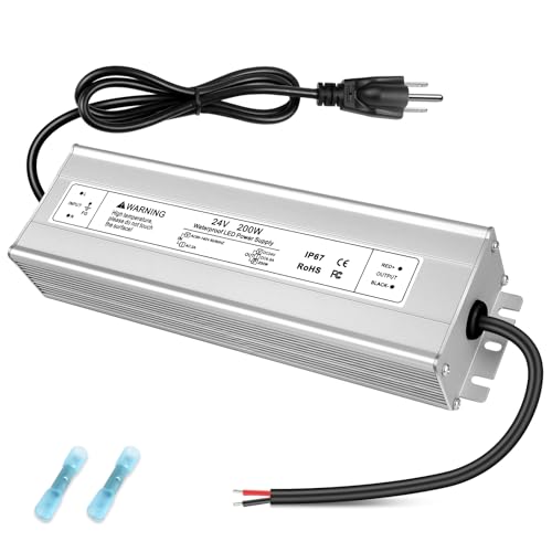 Image of 24V 200W LED Power Supply, IP67 Waterproof LED Driver, AC 110V to DC 24 Volt 8.3A Low Voltage Transformer Converter for Outdoor LED Strip & Landscape Lighting, 3-Prong Plug with 3.3FT Cable