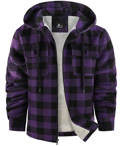 Image of ZITY Men's Flannel Hooded Jacket Fleece Sherpa Lined Plaid Shirts Jackets Zip Up Sweatshirt Hoodies for Men with 4 Pockets