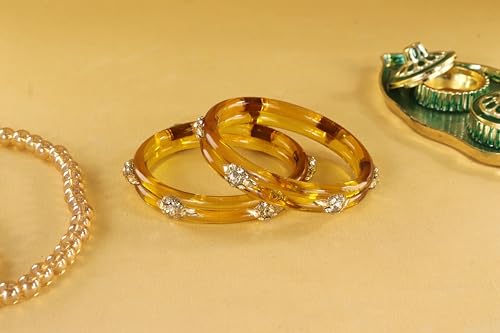 Image of NMII Diamond Glass Bangles Crystal Kada Set For Women & Girls Adorned with Golden Zircon Stones | Trending Girls Bangles Bracelet | Transparent Chudi Kangan For Wedding, Party, Daily, Ethnic- Set of 2