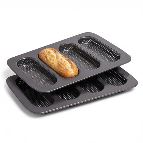 Lupnkl 2-Pack Nonstick Carbon Steel Baguette & Hot Dog Bun Baking Pan 4-Cavity Bread Tray for Home Bakery & Daily Use