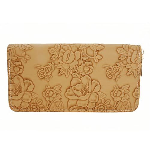 Women's flower embossed wallet, ultra-thin long zipper design, detachable wristband, large capacity phone bag, card bag, 7.67 x 3.93 inches camel color