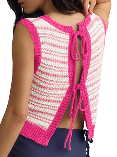 Image of Yousify Womens Tie Front Tops Tie Back Sweaters Vest Crochet Cardigan Crop Top Cardigan Crop Shirts Rose Pink L