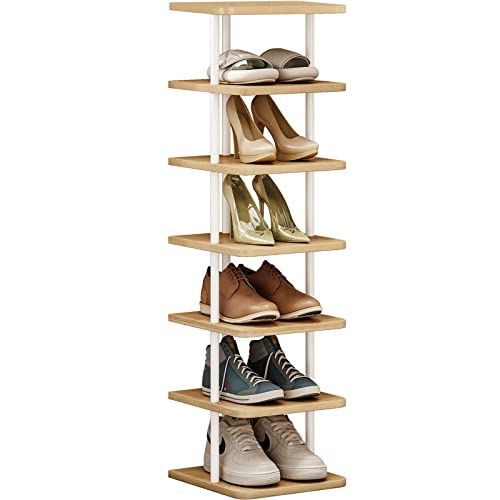 SORCEDAS Shoe Rack Organizer 7 Tier Vertical Storage Stand Narrow Shelf for Small Spaces Entryway Corner Closet Door Bedroom Black (White, 7 Tier-Small)