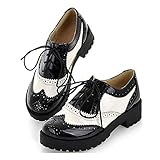 MIOKE Women's Two Tone Flat Oxfords Shoes Lace Up Wingtip Perforated Low Heel Vintage Saddle Oxford Brogues