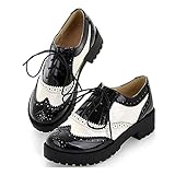 MIOKE Women's Two Tone Flat Oxfords Shoes Lace Up Wingtip Perforated Low Heel Vintage Saddle Oxford Brogues Black/White