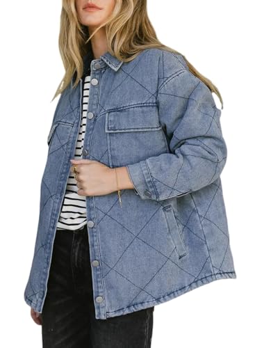Dokotoo Denim Jacket for Women Fashion Solid Oversized Long Sleeve Button Down Shacket Jacket Coat with Pockets