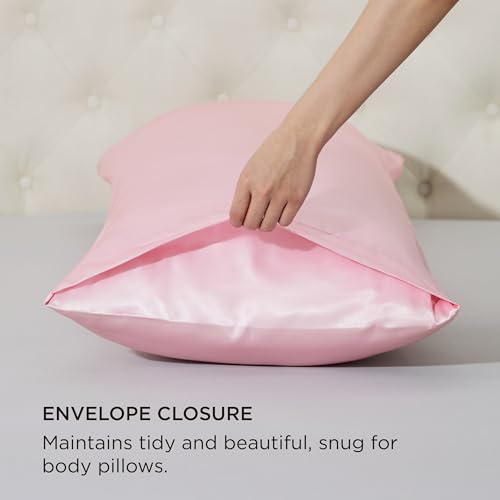 Image of Bedsure Body Pillow Cover 20x54 Inches - Pink Satin Similar to Silk Pillowcase for Hair and Skin, Cooling and Silky Long Body Pillow Pillowcase with Envelope Closure, Gifts for Women Men