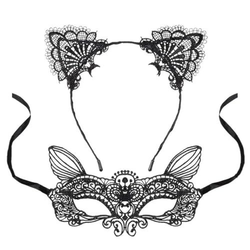HQRKOTM 2 PCS Masque de chat et oreilles de chat pour femme - Masque de bal masqué - Accessoires de maquillage pour fête(noir)