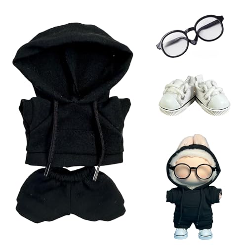 4 Pcs Lububu Doll Clothes - Casual Hoodie Outfit Set with Canvas Shoes, Doll Glasses Suitable for 15cm 17cm Dolls, 6.7inches Clothes Accessories for Dress Up & Display (Black)