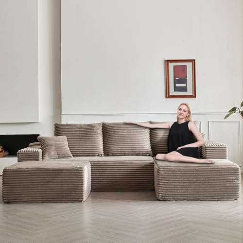 BEQAI Modular Sectional Sofa Cloud Couch, 109'' Comfy U Shaped Sectional Couches for Living Room, Deep Seat Cozy Fluffy Corduroy Boneless Couch Sectionals Sofa with Ottoman (Right Facing Chaise,Camel)