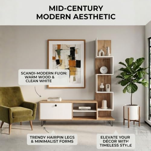 Image of FFO tv Unit for Living Room 43 inch with Storage & Display Shelves Wooden | Wooden Entertainment Center with Drawer & Open Rack | Industrial Metal Legs TV Stand for Living Room