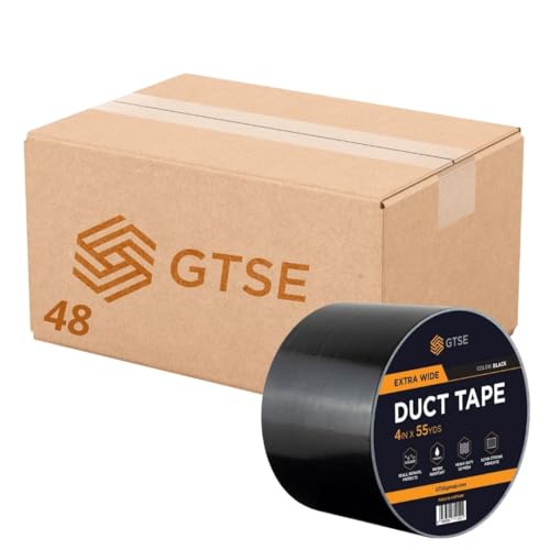 GTSE Wide Duct Tape, Black, 4 Inches x 55 Yards (164 ft), Heavy Duty, Waterproof Repair Tape for Indoor or Outdoor Use, 48 Rolls