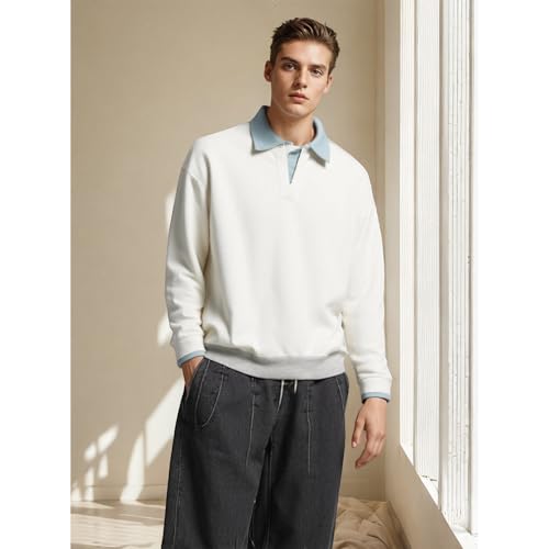 GURUNVANI Mens Color Block Polo Sweatshirts Loose Fit Long Sleeve Pullover Shirt4
