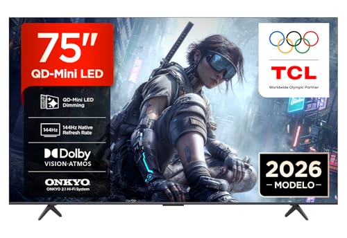 TCL 75T8D, TV QLED de 75” con atenuación QD‑Mini LED, 4K HDR Ultra HD, Smart Google TV (Dolby Vision, HDR10+ y Atmos, VRR de 144Hz, FreeSync Premium, Sonido Onkyo 2.1, Game Master)