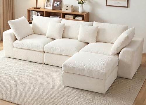Benazcap 110" Cloud Sectional Couches for Living Room, L-Shaped Convertible Sofa, 3-Seat Modular Boneless Couch with Movable Ottoman, Beige
