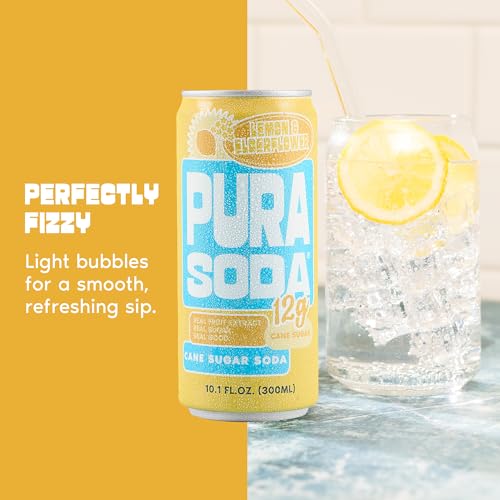 Image of PuraSoda Lemon Elderflower - 12g Pure Cane Sugar Soda, 10 Fl Oz, Pack of 12 | Real Fruit Extract, Non-Gmo Vegan, No Stevia Or Artificial Sweeteners, 12g Cane Sugar, 10 Fl Oz Cans