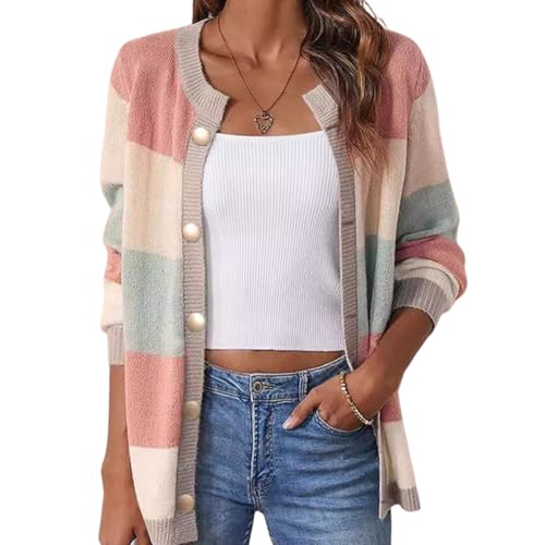 Color Block Cardigan Sweaters for Women 2024 Fall Trendy Button Up Striped Sweater Long Sleeve Knit Coats