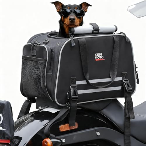 KEMIMOTO Motorcycle Dog Carrier Expandable, Airline Approved Pet Carrier Shoulder for Small Dogs & Cats Under 20 lbs, 18x11x11 Inch Soft-Sided Travel Bag, Folding & Portable for Cruiser Touring Bikes