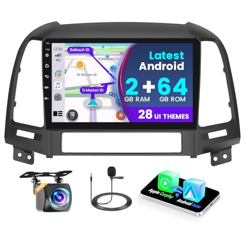 Fuluku 2+64G Android 13 Radio Coche para Hyundai Santa Fe 2006-2012 con Inalámbrico Carplay Android Auto, 9 Pulgadas de Pantalla Táctil Radio con Bluetooth/WiFi/GPS/Cámara de Seguridad/FM/RDS/SWC