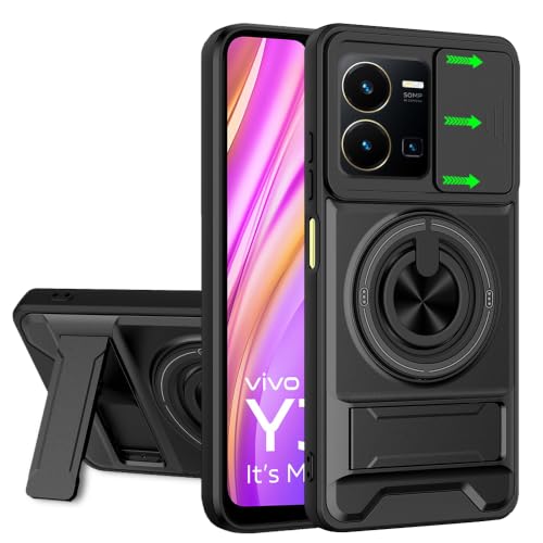 Image of AESTMO Vivo Y35 Back Cover | Armor Camera Slider 360 Degree Rotating Finger Ring Holder Case with Bracket Stand Back Case Cover (Compatible with MagSafe Accessories) (Black)