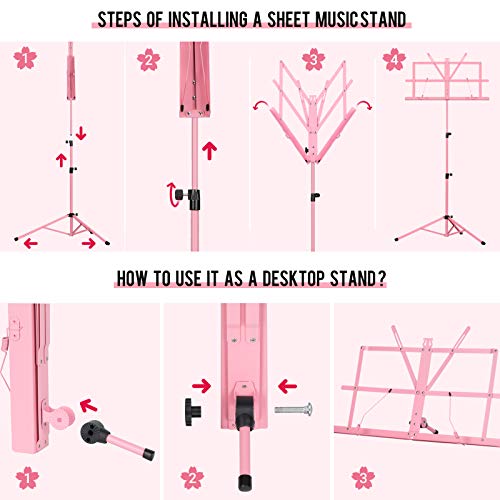 Image of CAHAYA Folding Sheet Music Stand & Desktop Book Stand 2-EN-1 Music Stand with Adjustable Height 70-138 cm Includes Carry Bag Pink Model CY0204-1