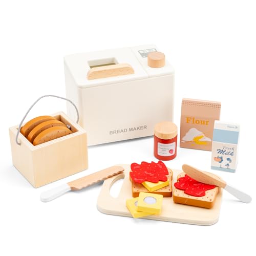 Woet Wooden Bread Maker Toy for Kids Age 3+ â€“ Pretend Play Kitchen Appliance with Bread, Accessories & Cutting Board â€“ Breakfast Set â€“ Educational Role Play Food for Boys and Girls