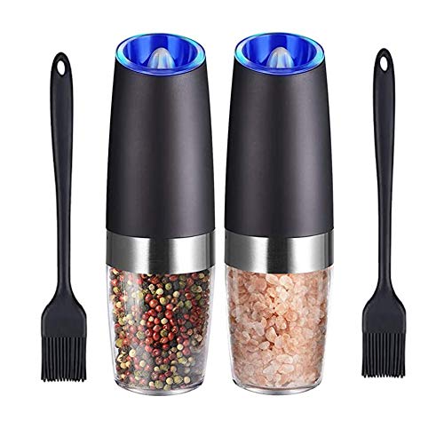 Gravity Electric Salt and Pepper Grinder Set, Battery Operated, Automatic Salt and Pepper Mills with Blue Light(Black, 2pcs/Pack), Adjustable Coarseness,One Handed Operation,Cleaning Brush