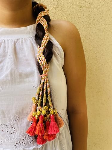 Image of Zippy Flora Handmade Boho Kaner Parandi (Peach) | Traditional Paranda Hair Accessory with Decorative Braid Tassels | Ethnic Hair Extension for Choti & Braided Hairstyles