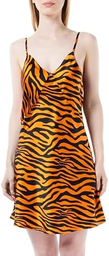 House of Silk 2022DRESS011 İpek Neon Zebra Desenli Mini Slip Elbise, Turuncu, M — Amazon ürün görseli