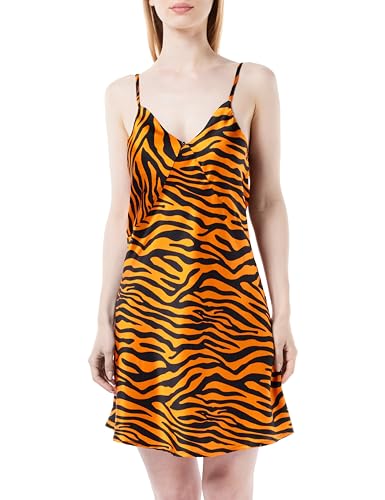 House of Silk 2022DRESS011 İpek Neon Zebra Desenli Mini Slip Elbise, Turuncu, M ürün görseli