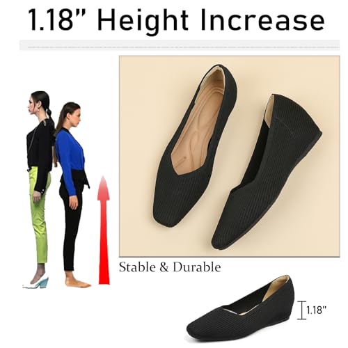 Women's Knit Square Toe Flats Casual Comfortable Slip On Soft Bottom Internal Height Increase Dress Shoes for Daily Work Walking Flat Shoes 5
