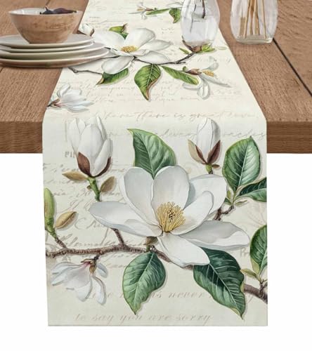 Vintage Floral Spring Table Runners 72 Inches Long, Rustic Botanical Table Runner Dresser Scarf, White Flowers Farmhouse Kitchen Dining Tables Decoration for Holiday Party Wedding Home Decor, 13'x72'