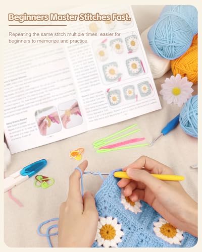 Image of Katech Crochet Kit for Beginners - Granny Square Blanket with Daisy Squares, Step-by-Step Tutorials - Blue