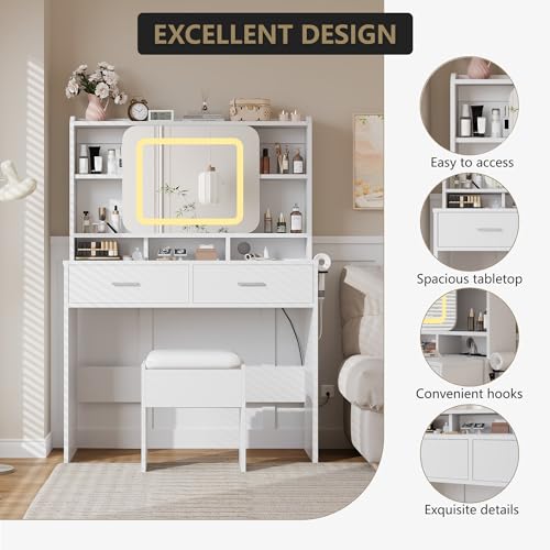 Image of Vanity Desk with Sliding Mirror, Modern Makeup Vanity with Charging Station, 2 Drawer and Soft Cushioned Stool, 3 Lighting Modes Adjustable Dressing Table for Bedroom, Makeup Studio, White